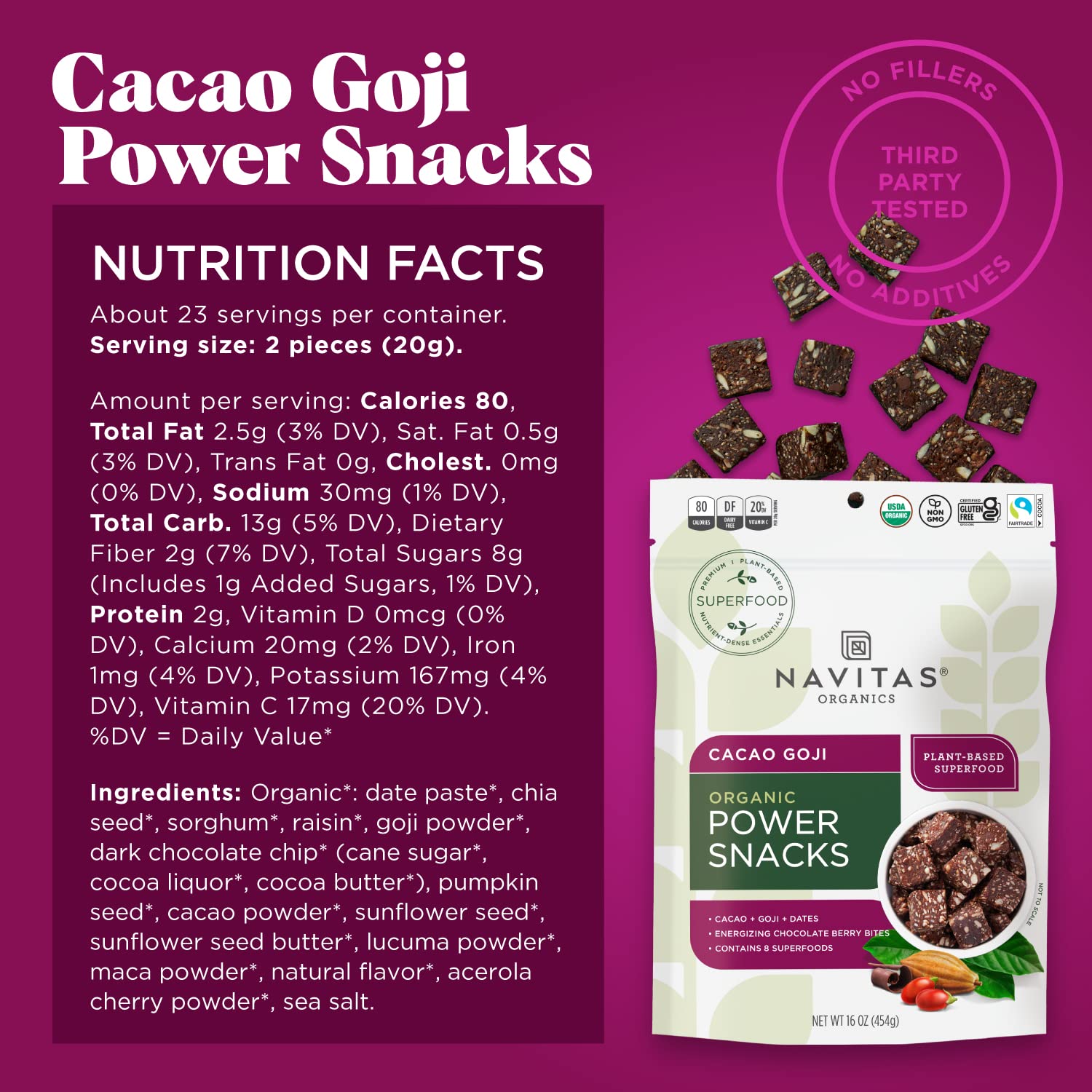Navitas Organics Superfood Power Snacks, Cacao Goji, 16 oz. Bag, 23 Servings - Organic, Non-GMO, Gluten-Free