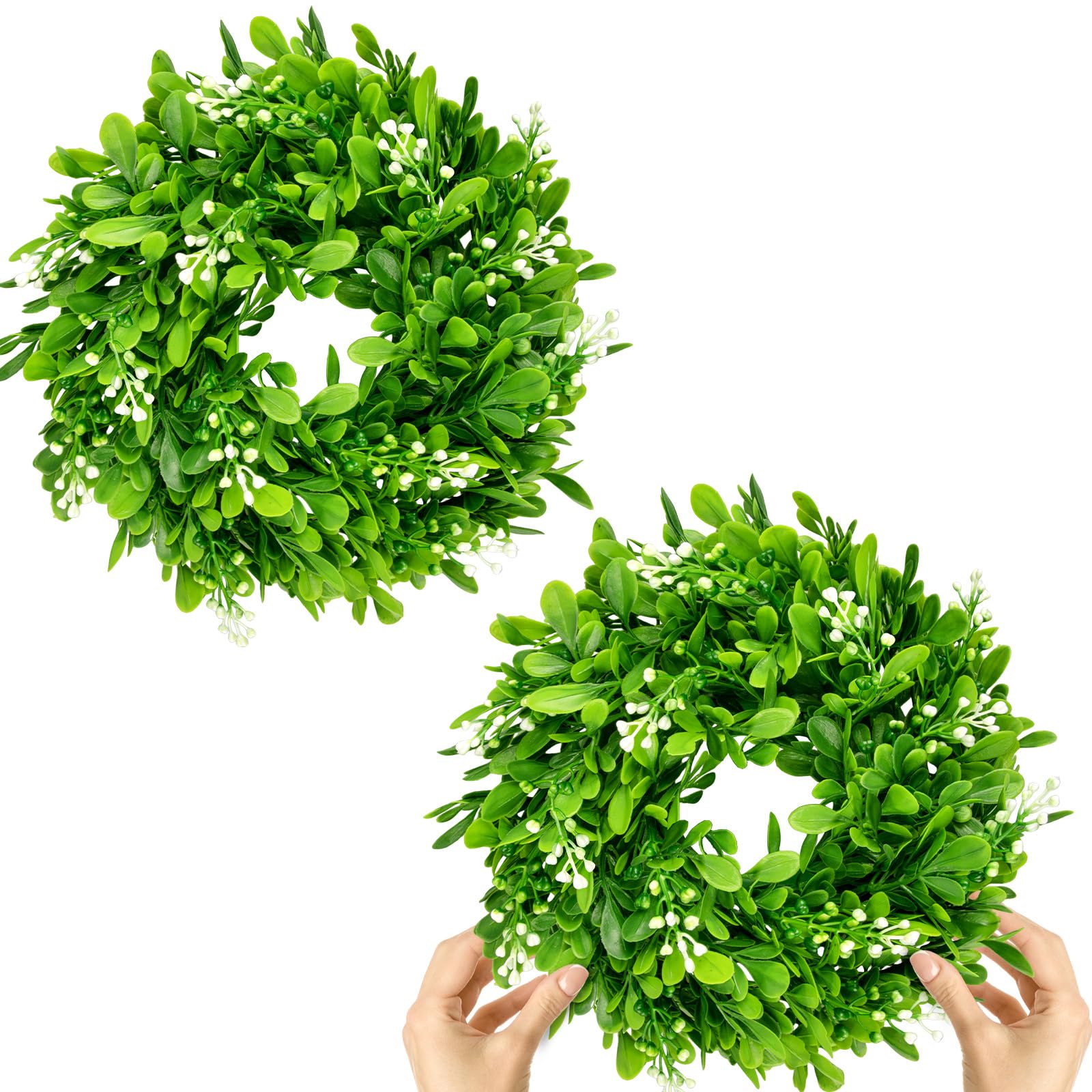 Photo 1 of 2 Pcs Christmas Boxwood Wreath Artificial 10 Inch Green Leaves for Front Door Cabinets Wreath Indoor Outdoor Wall Decor Christmas Wall Home Kitchen Decoration