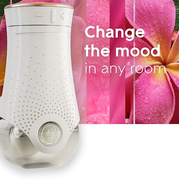 GLADE PLUGINS REFILLS AIR FRESHENER STARTER KIT, SCENTED AND ESSENTIAL OILS FOR HOME AND BATHROOM, EXOTIC TROPICAL BLOSSOMS, 0.67 FL OZ, 1 WARMER + 1 REFILL