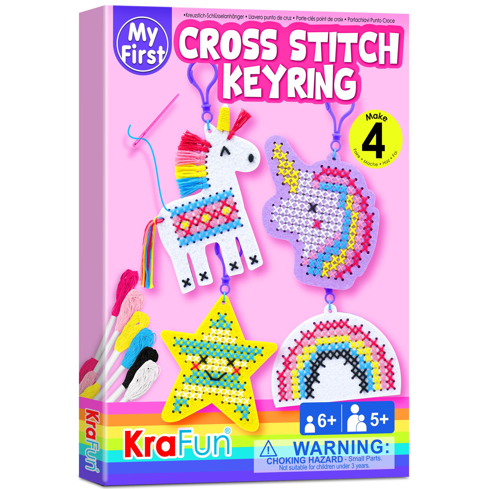 KRAFUN Unicorn Cross Stitch Kit for Kids Ages 5-13, 4 Beginner Arts & Crafts Keyring Projects, Felt Materials, Instructions, Needlepoint Embroidery Gift for Girls, Backpack Charms