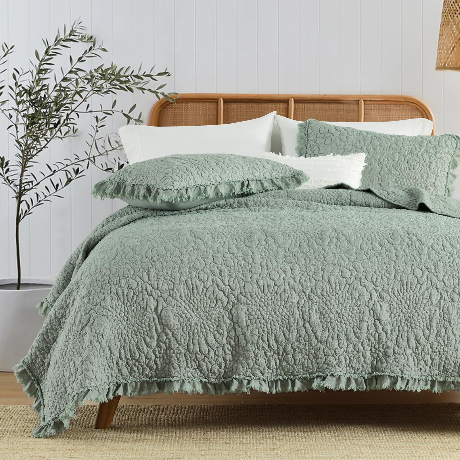 Photo 1 of HORIMOTE HOME Sage Green Ruffled Quilt Queen Size, Stone-Washed Microfiber Lightweight Crinkled Farmhouse Rustic Shabby Chic Bedding Set, 3 Pieces Reversible Bedspread with Pillow Shams for All Season