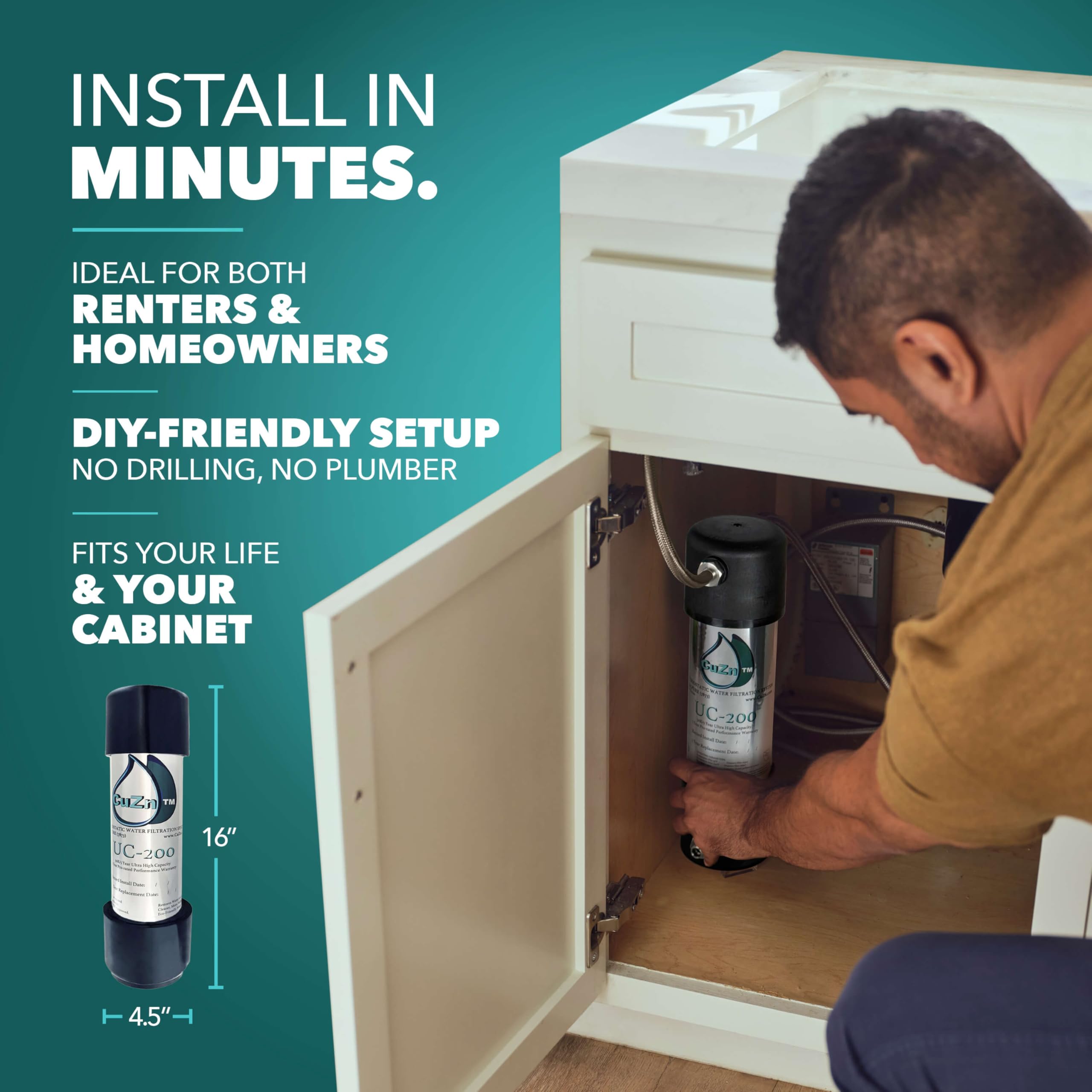 Under Sink Water Filter for Sink Faucet by CuZn, 5 Year Filtration Life, Reduces PFAs, PFOS, Lead, Chlorine, Improves Taste of Tap Water with NSF/ANSI 42 & 372 Certified High Performance