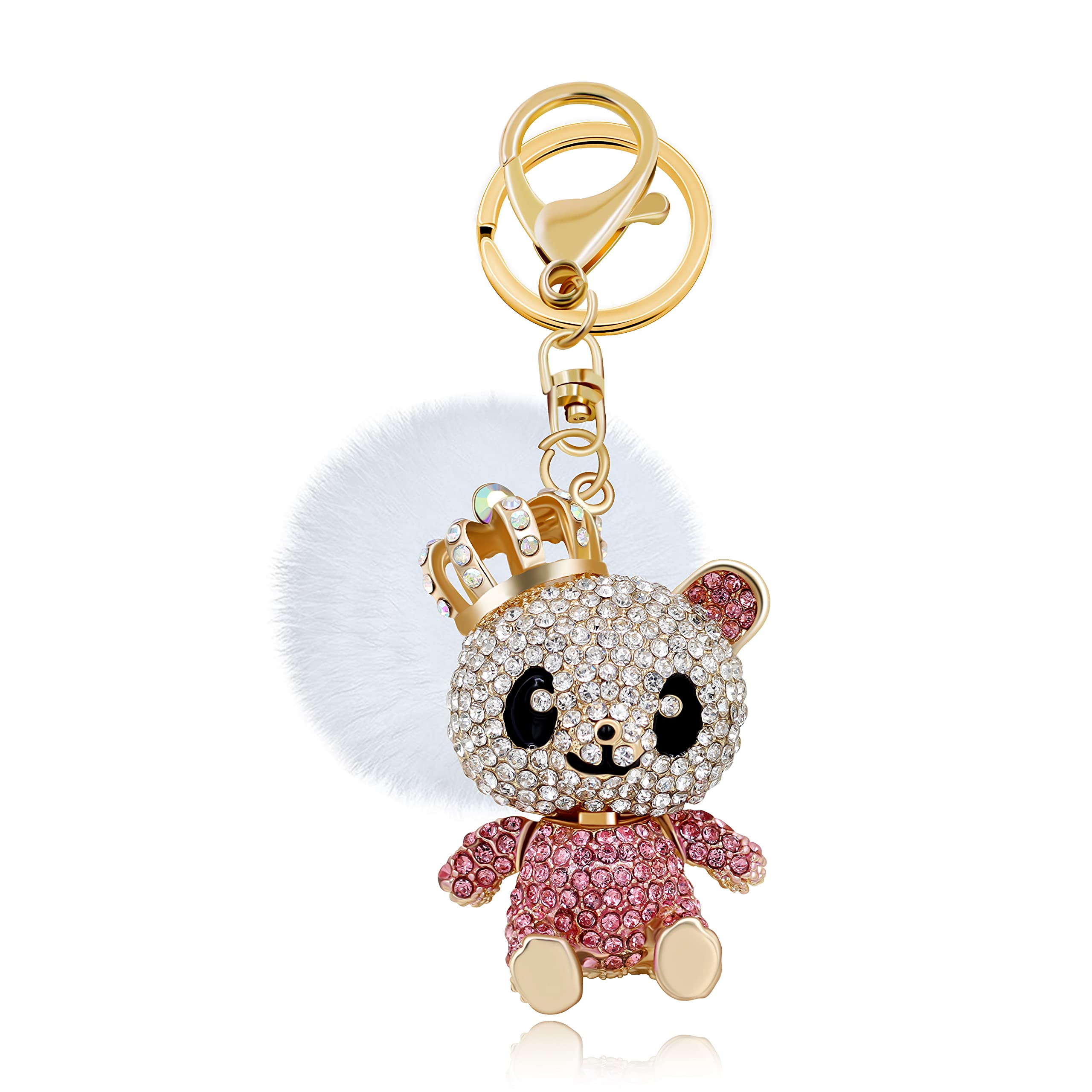 Uloveido White Fur Ball Gold Color Red Panda Car Key Chain for Women Girls Bag Decoration