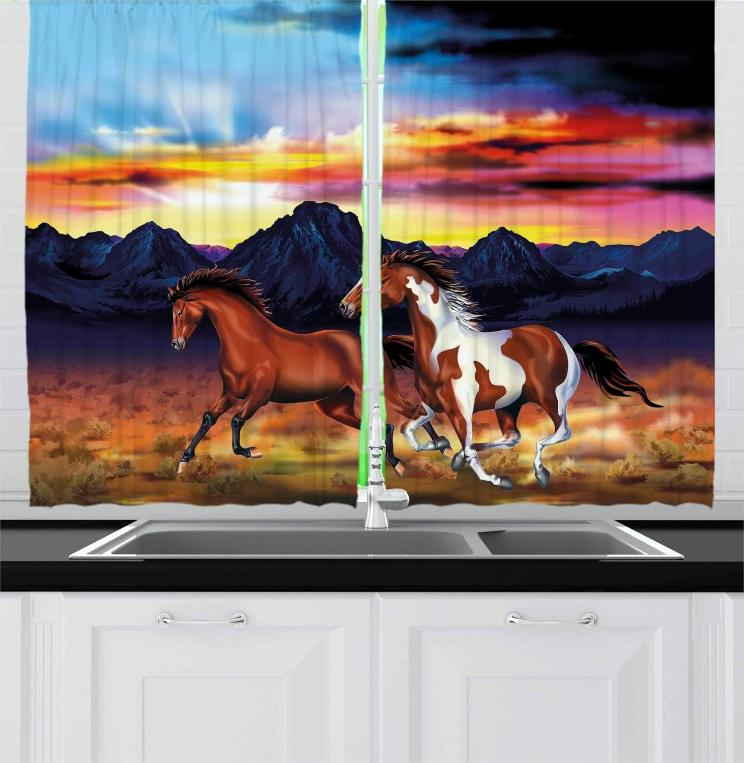 Ambesonne Western Kitchen Curtains, Running Wild Horses at Sunset Artistic Rustic Landscape Colorful Sky Illustration, Window Drapes 2 Panel Set for Kitchen Cafe, 55 W X 39 L inches, Multicolor