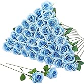 Hoemwarm 36 Pcs Sky Blue Artificial Roses with Long Stems, Blue Fake Silk Rose Artificial Flowers Bulk for Bridal Wedding Bouquet Centerpiece Ball Arrangement Party Decor