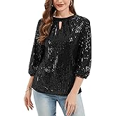 LADI TREND Women's Elegant Sparkly Sequin Tops 3/4 Sleeve Glitter Dressy Keyhole Blouses Club Party Tops