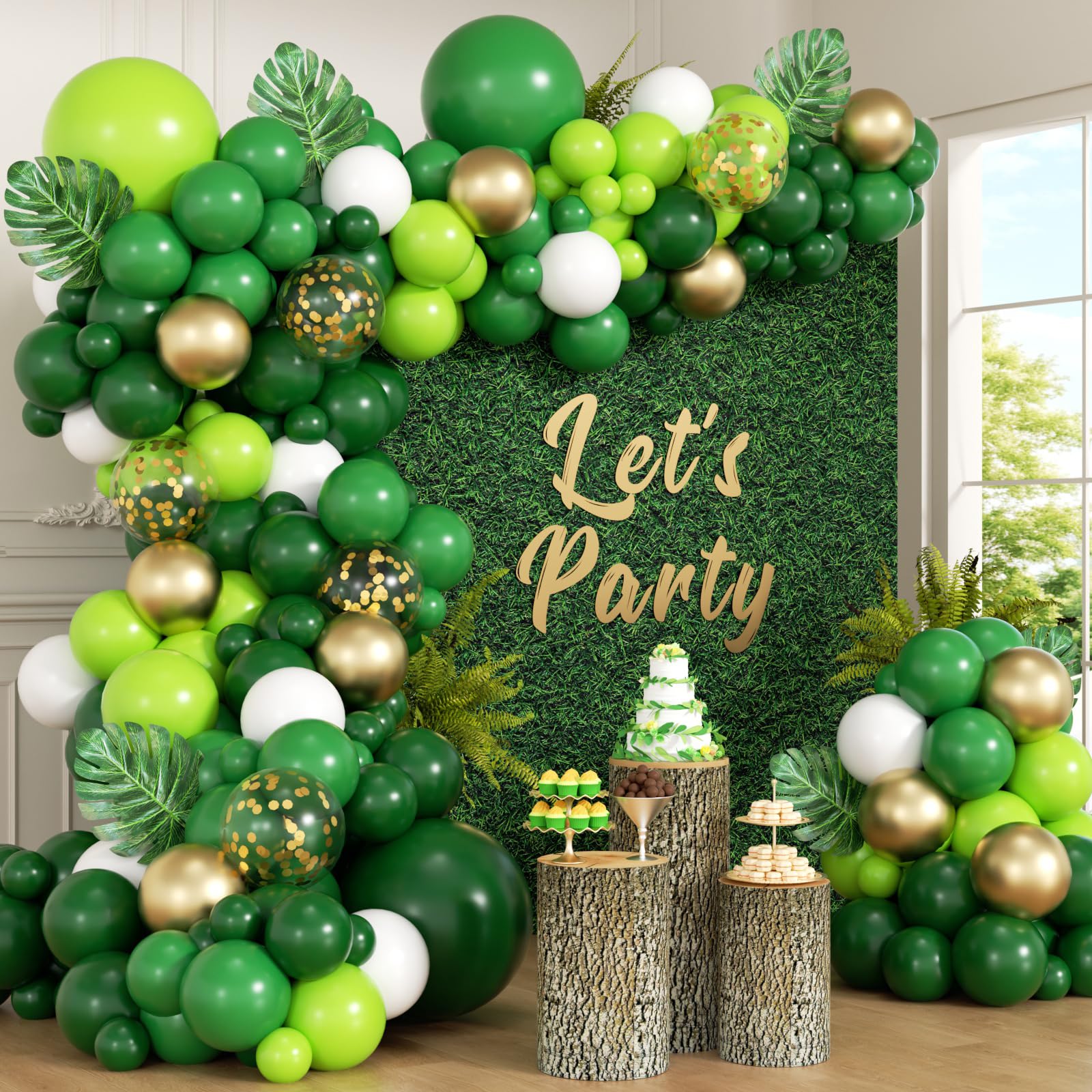 Photo 1 of 151pcs Jungle Safari Balloon Garland Arch Kit with Dark Green Lime Green White Metallic Gold Confetti Balloons Leaves for Jungle Safari Dinosaur Birthday Baby Shower Party Decorations