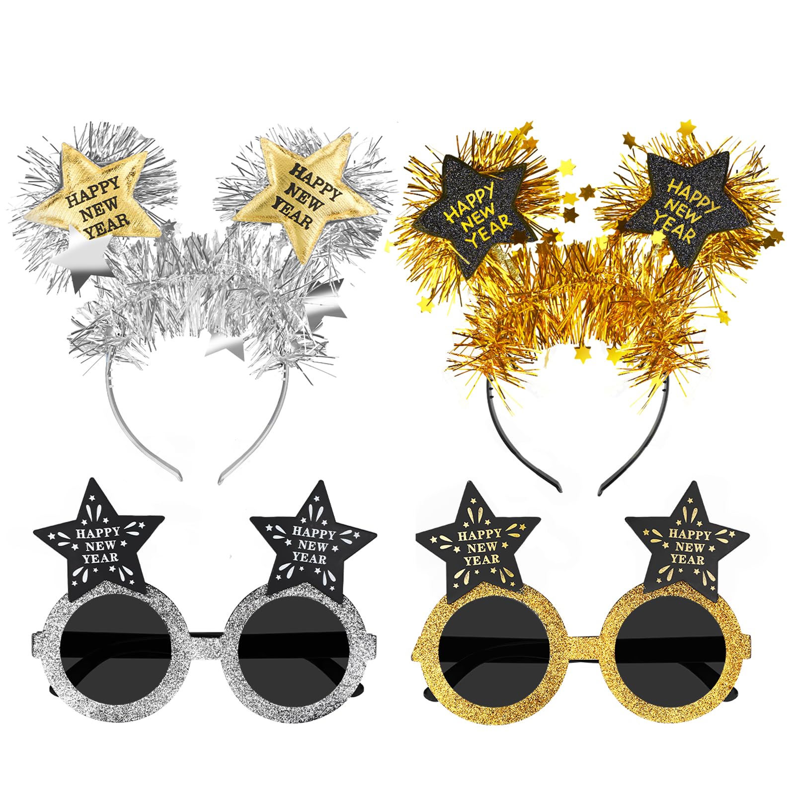 HOWAF 2PCS Happy New Year Headband Tiara Star Headband & 2PCS Party Glasses 2026 Glasses, New Years Eve Decorations 2026 Hair Accessories Photo Booth Props for NYE Party Decorations, B