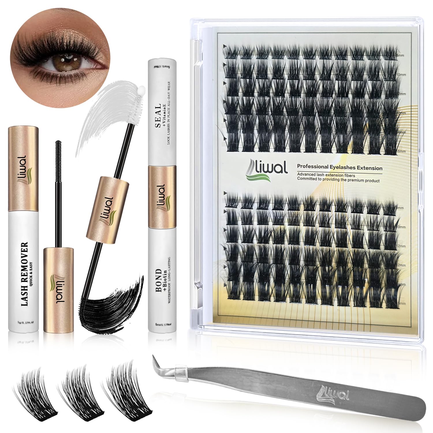 Liwal DIY Lash Extension Kit 132 Cluster Lashes & Individual Lashes with Bond & Seal, Remover, Tweezers lash Extension Kit for Natural Look at Home, C & D Curl (Mix 8-16mm Natural)