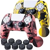 YoRHa Grip Texture Silicone Skin for PS5 Controller x 2(Print Coral+Yellow) with Pro Thumb Grips x 8