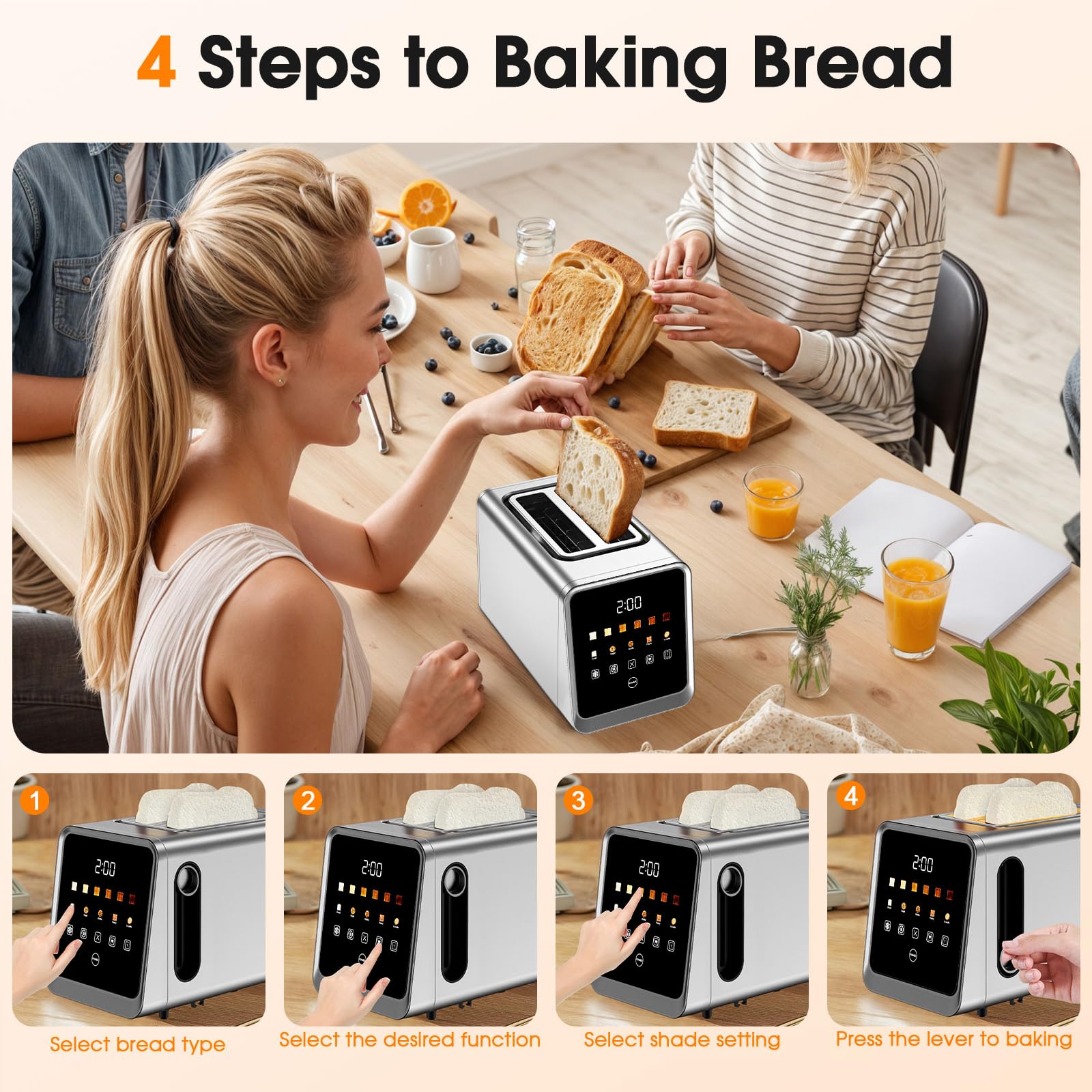 Tostadora con pantalla táctil de 2 rebanadas con ranuras de 1,5" de ancho y recuperación de memoria | Tostadoras digitales inteligentes de acero inoxidable de 900 W | 6 configuraciones de sombra para bagels y pan grueso