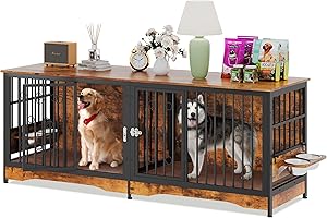 NASHZEN 75'' Dog Crate Furniture Large Storage TV Stand with Dual Cushion / 4 Bowls/Double Rooms, Wooden Dog Kennel Dog Crate with Removable Divider for Large Medium Dogs, 75''L×24''W×29''H, Rustic Brown