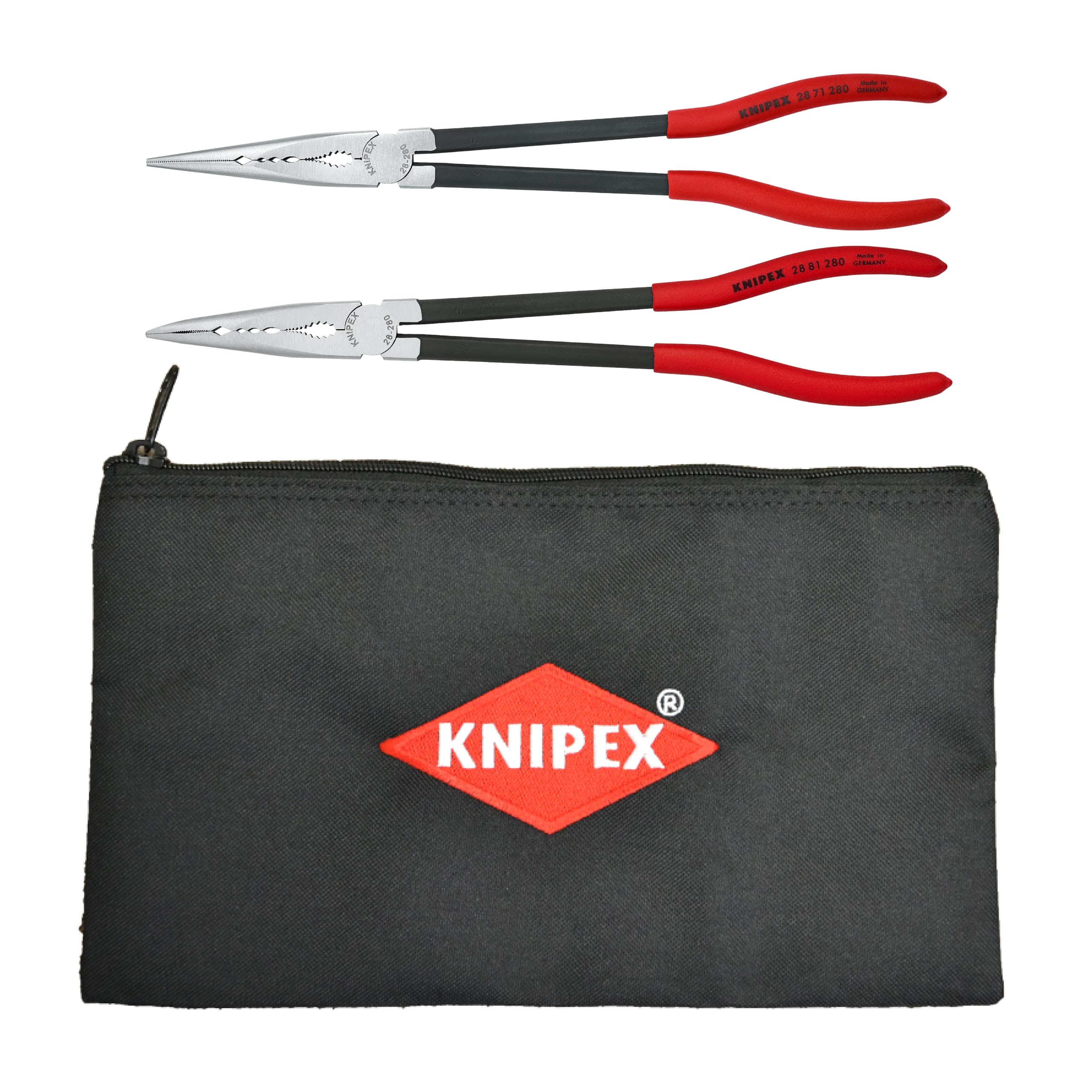 Photo 1 of KNIPEX Tools - 2 Piece Extra Long Needle Nose Pliers Set With Keeper Pouch (28 71 280, 28 81 280 and 9K 00 90 12 US) (9K0080128US)