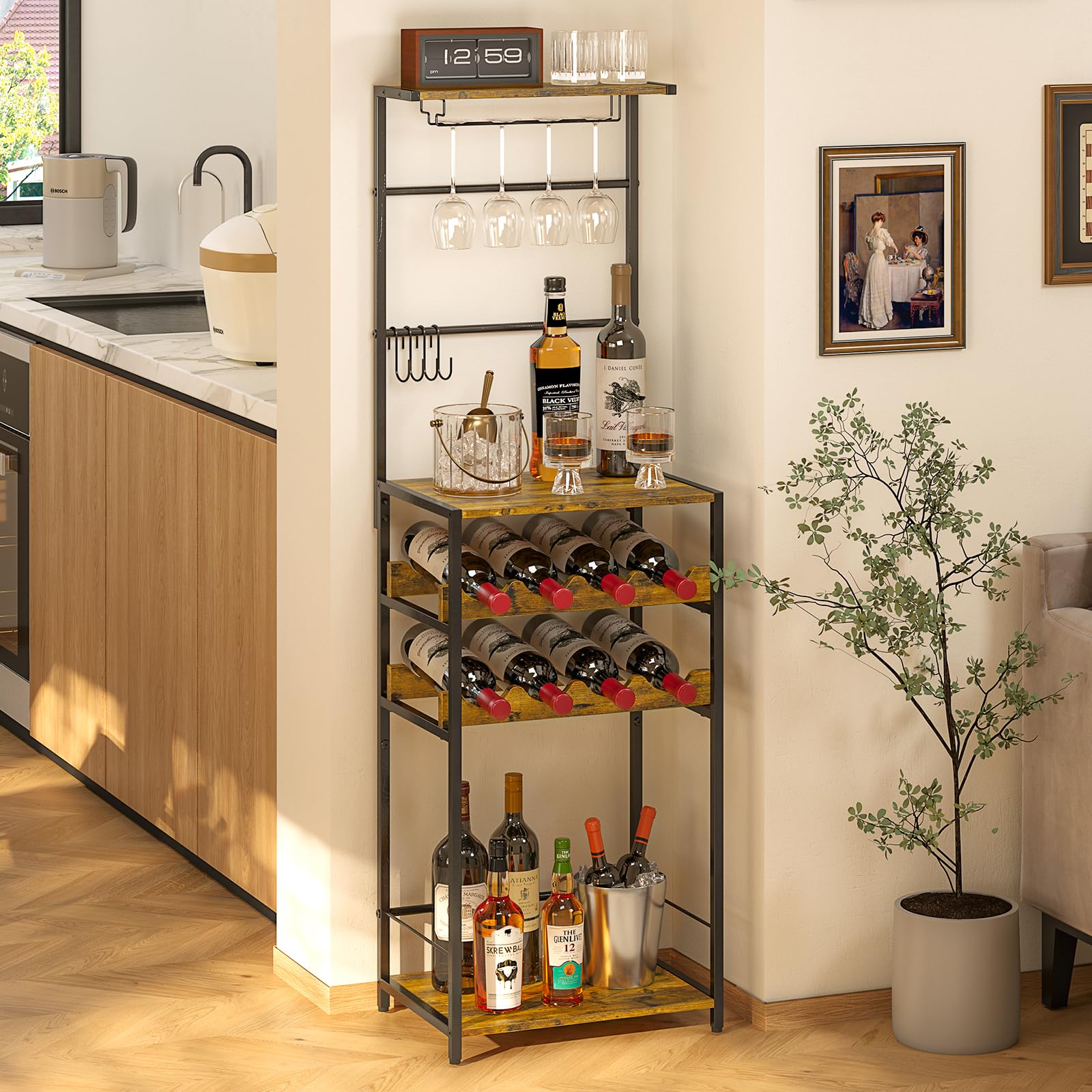 Photo 1 of 5-Tier Wine Rack Freestanding Floor, Liquor Bar Stand with Glasses Holder and 4 S Hooks, Corner Mini Bar Cabinet for Small Space, 8 Bottles Wine Bar Cabinet for Home, 11.81"D x 16.53"W x 53.55"H