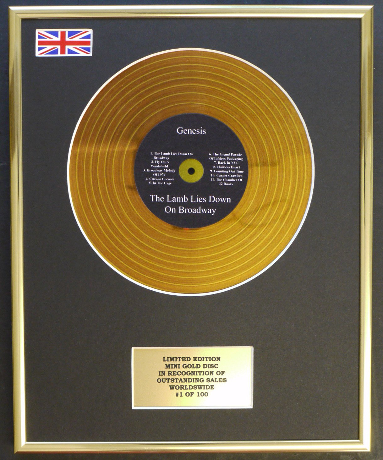 Limited Edition mini gold disc Display GENESIS/MINI GOLD DISC DISPLAY/LIMITED EDITION/COA/THE LAMB LIES DOWN ON BROADWAY