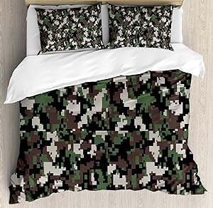 Ambesonne Camo Duvet Cover Set, Pixelated Pattern Digital Effect Modern Conceptual Camouflage Texture, Decorative 3 Piece Bedding Set with 2 Pillow Shams, Queen Size, Green Beige