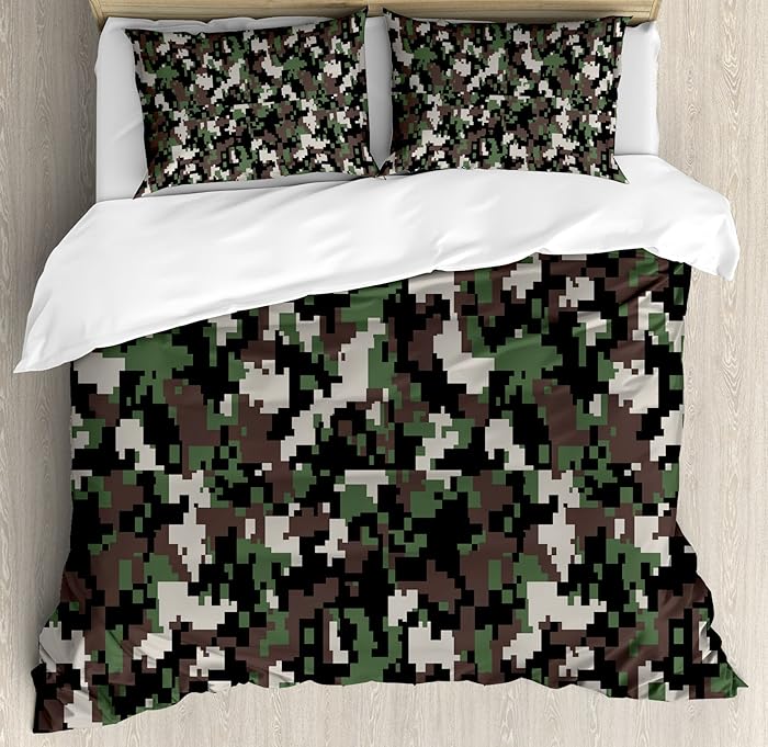 Ambesonne Camo Duvet Cover Set, Pixelated Pattern Digital Effect Modern Conceptual Camouflage Texture, Decorative 3 Piece Bedding Set with 2 Pillow Shams, Queen Size, Green Beige