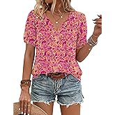 LOMON Boho Tops for Women Summer V-Neck Tie Front Peasant Blouses Casual Puff Sleeve Loose-Fit Flowy Shirts Beach Vacation