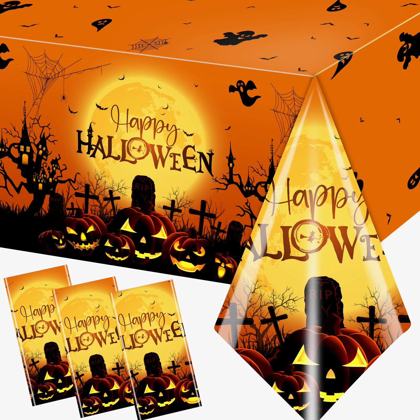 Photo 1 of *2 pack* HAKOTI 3Pieces Halloween Tablecloth, Spooky Halloween Pumpkin Halloween Table Cover Orange Halloween Tablecloth Rectangular Halloween Plastic Tablecloth for Halloween Party Supplies 71 * 43 in