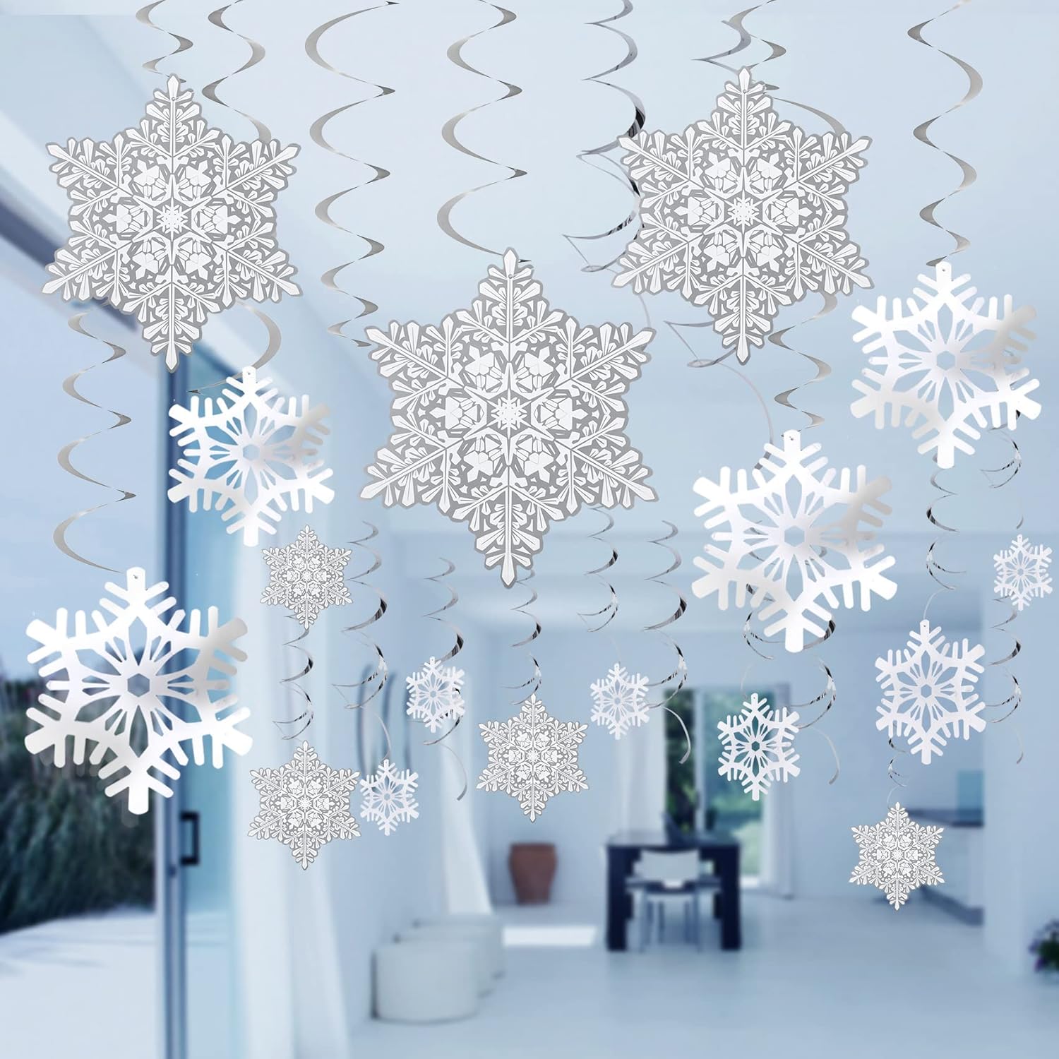 Ornaments - 51 Pcs Christmas Snowflake Hanging Swirl Decorations, White Silver Snowflake Decorations, Snowflake Ornaments for Christmas New Year Holiday Winter Wonderland Frozen Theme Birthday Party Decorations
