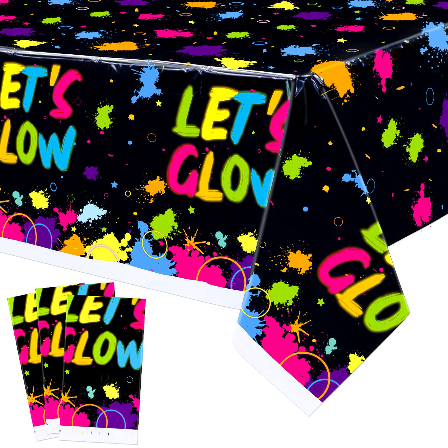 XJLANTTE 3 Pack Glow Neon Party Tablecloths Supplies - Let's Glow Plastic Birthday Table Cover, Neon Rectangle All Over Print Table Cloth for Black Light Party Decorations, 51"x86.6"