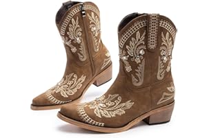 Cusolemore Cowboy Boots for Women, Cowgirl Boots with Sparkly Embroidered Rhinestones, Short Western Ankle Boots for Women with Side Zipper Pull On