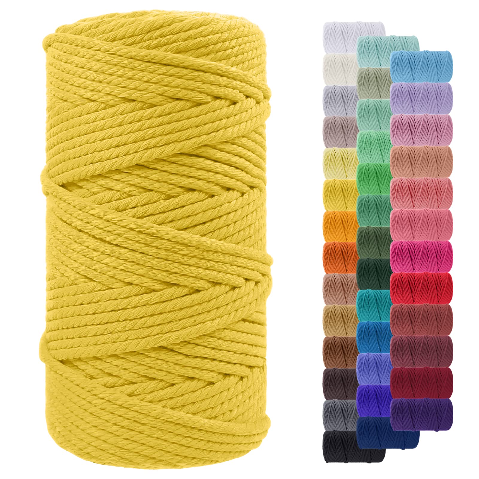 LEREATI Macrame Cord 5mm x 100m, Thick Macrame Rope Yarn Natural Cotton Cord, 4 Strand Twisted Colored String for Wall Hanging Plant Hanger DIY Crafts Boho Decor (Lemon Yellow)