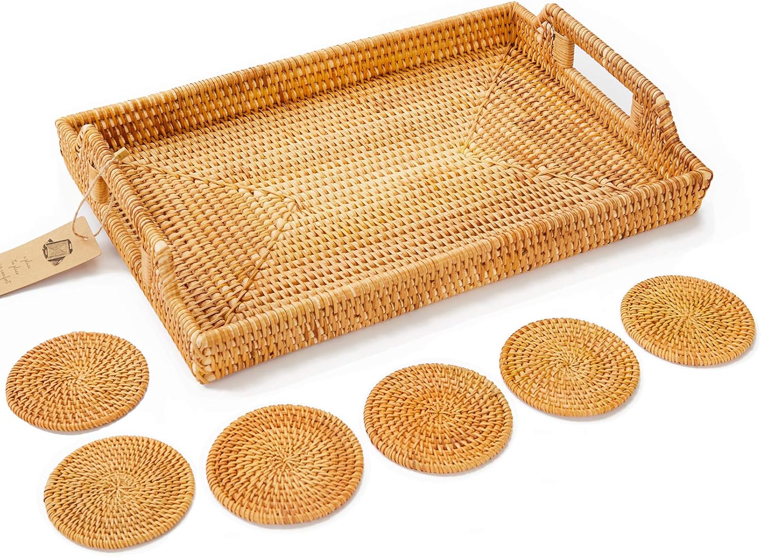 Large Rattan Tray with Rattan Coasters Premium Flat