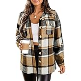 HOTOUCH Womens Flannel Plaid Shacket Jacket Button Down Tartan Trench with Pocket Long Sleeve Cropped Fashion Coat S-XXL