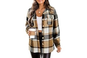 HOTOUCH Womens Flannel Plaid Shacket Jacket Button Down Tartan Trench with Pocket Long Sleeve Cropped Fashion Coat S-XXL