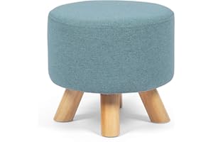 Homebeez Round Ottoman Foot Rest Stool, Small Fabric Footstool with Non-Skid Wood Legs, Blue