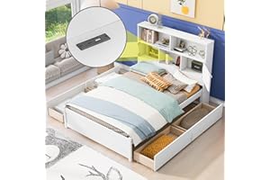 CITYLIGHT Full Bed Frame with Bookcase Headboard and 4 Drawers, Wood Full Size Platform Bed with Charging Station for Kids Teens Adults, No Box Spring Needed, White