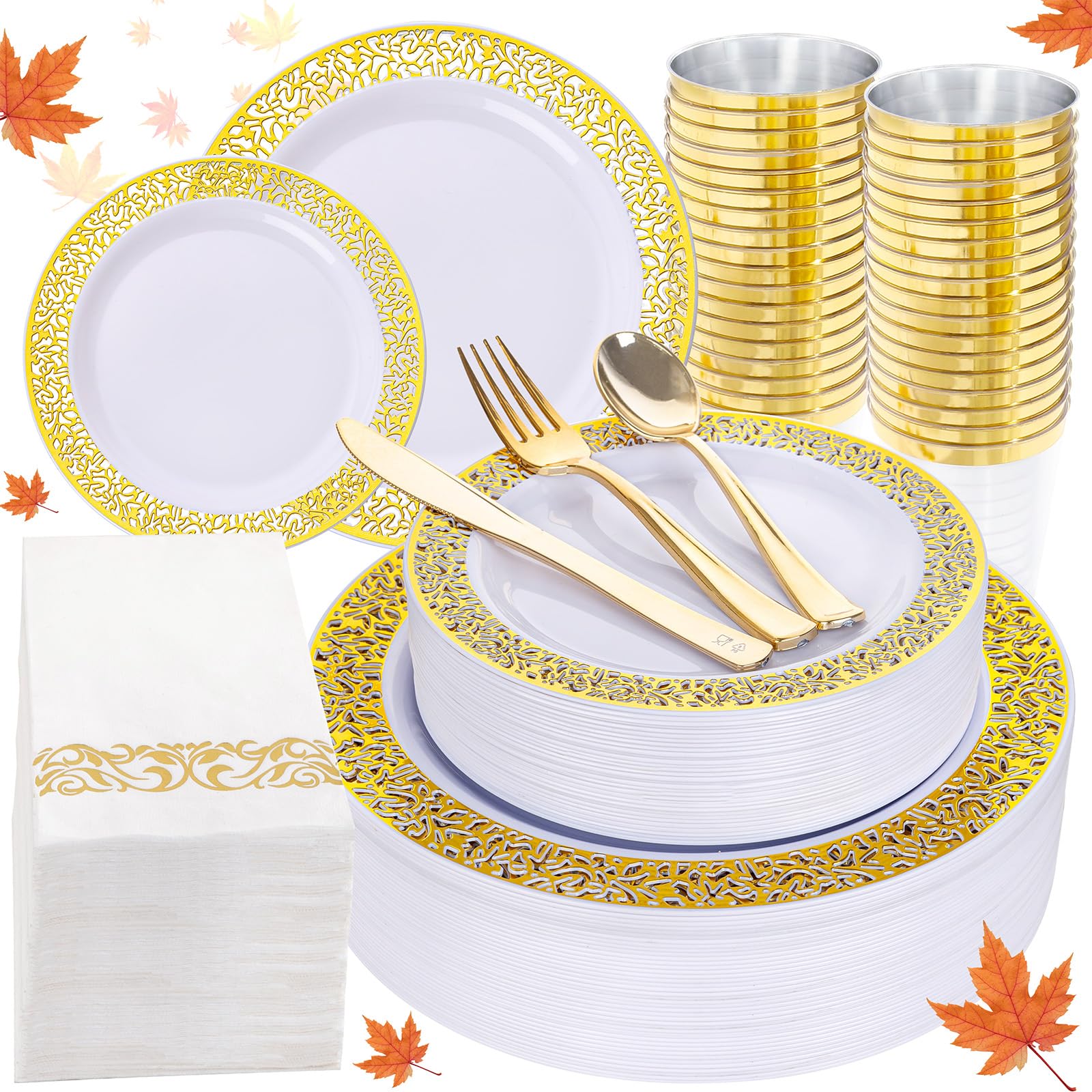 Photo 1 of 160pcs White Gold Plastic Plates,Gold Plastic Dinnerware Set Christmas Plastic Plates Includes:20 Dinner Plates,20 Dessert Plates,40 Forks,20 Spoons,20 Knives,20 Plastic Cups 10oz, 20 Paper Napkins