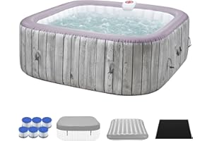 UHOMEPRO Inflatable Hot Tub Spa Set, Outdoor Bubble Massage Portable Hot Tubs with 130 Soothing Jets, Insulated Cover, Internal Heater Pump, 6 Filter Cartridges (Square)