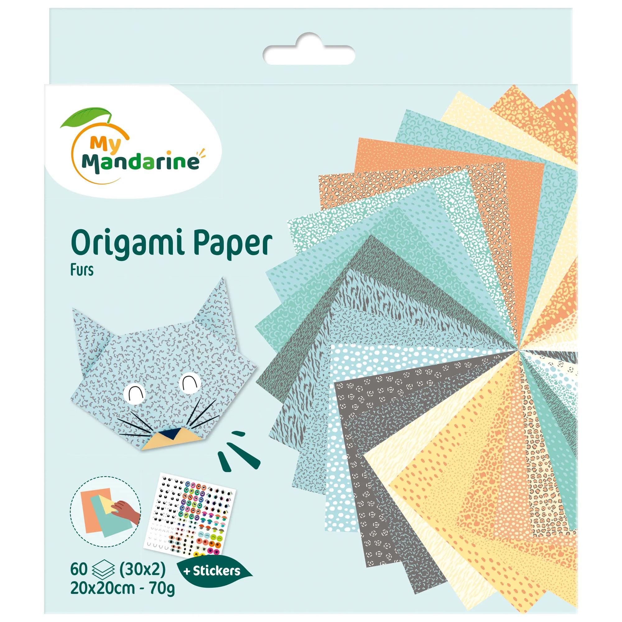 Avenue Mandarine - Ref OR513C - Origami Sheets Pack - Fur Designs - 20 x 20cm, 70gsm Paper, 30 Designs, Sticker Sheet for Eyes Included, Suitable for Ages 7+
