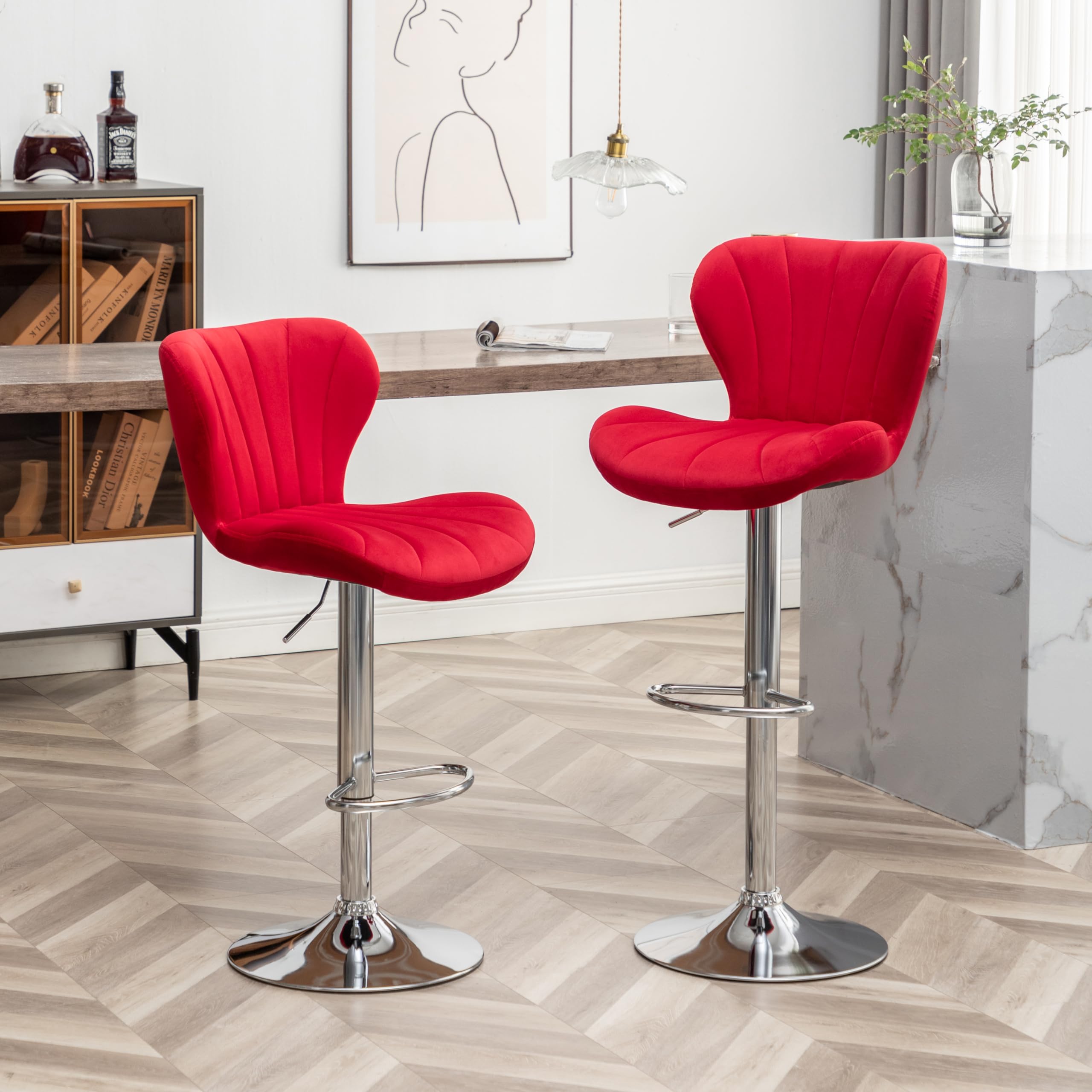 Roundhill Furniture Ellston Velvet Adjustable Swivel Barstools in Red, Set of 2 Image Roundhill Furniture Ellston Velvet Adjustable Swivel Barstools in Red, Set of 2 Image