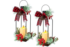 HONOSON 2 Pcs 14 Inch Christmas Lanterns Decorative Outdoor for Porch with LED Candle Pine Cones Holly Berry Metal Hanging Vintage Lantern with Plaid Ribbon Bow for Indoor Home Table Deco(Red and Black Plaid)