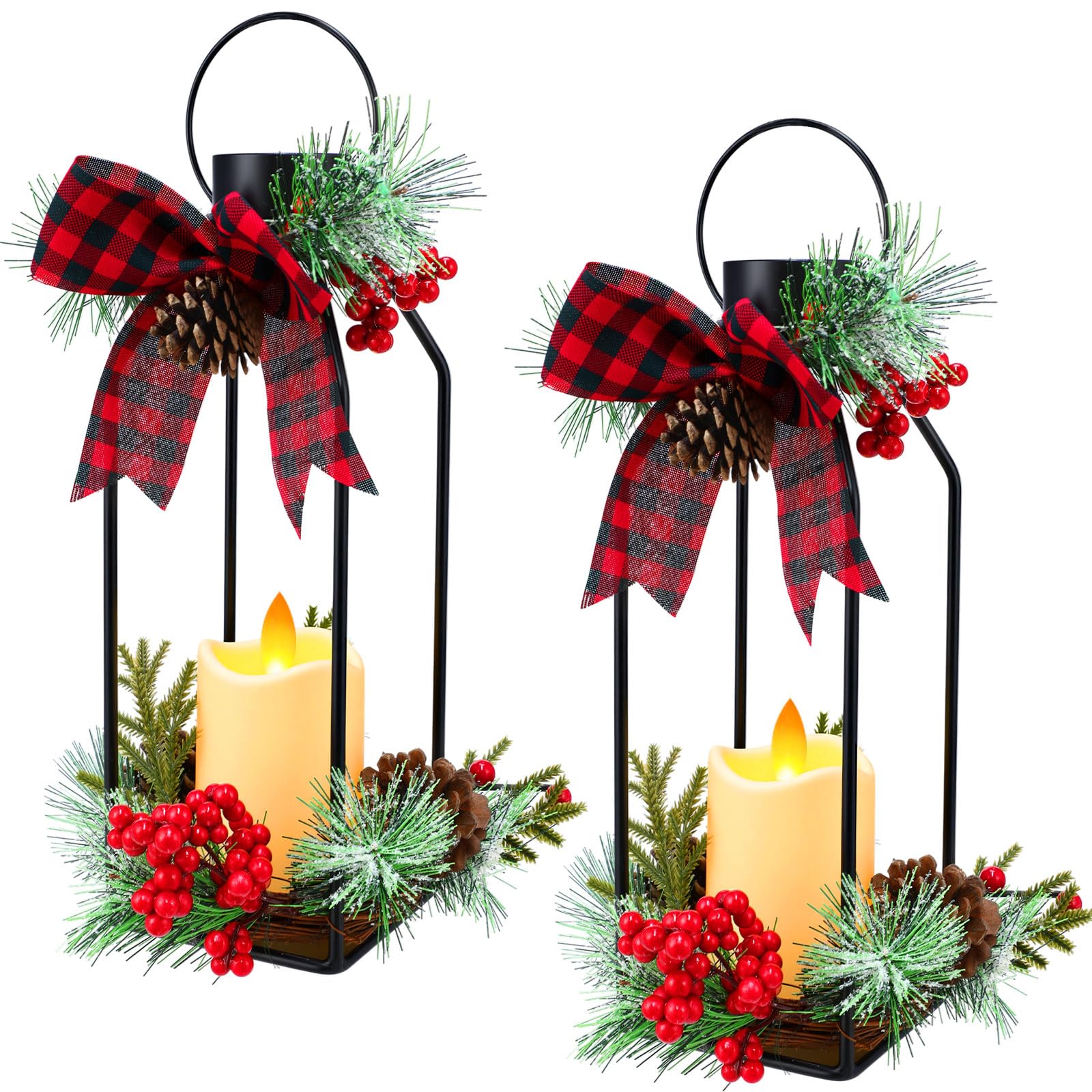 Photo 1 of 2 Pcs 14 Inch Christmas Lanterns Decorative Outdoor for Porch with LED Candle Pine Cones Holly Berry Metal Hanging Vintage Lantern with Plaid Ribbon Bow for Indoor Home Table Deco(Red and Black Plaid)