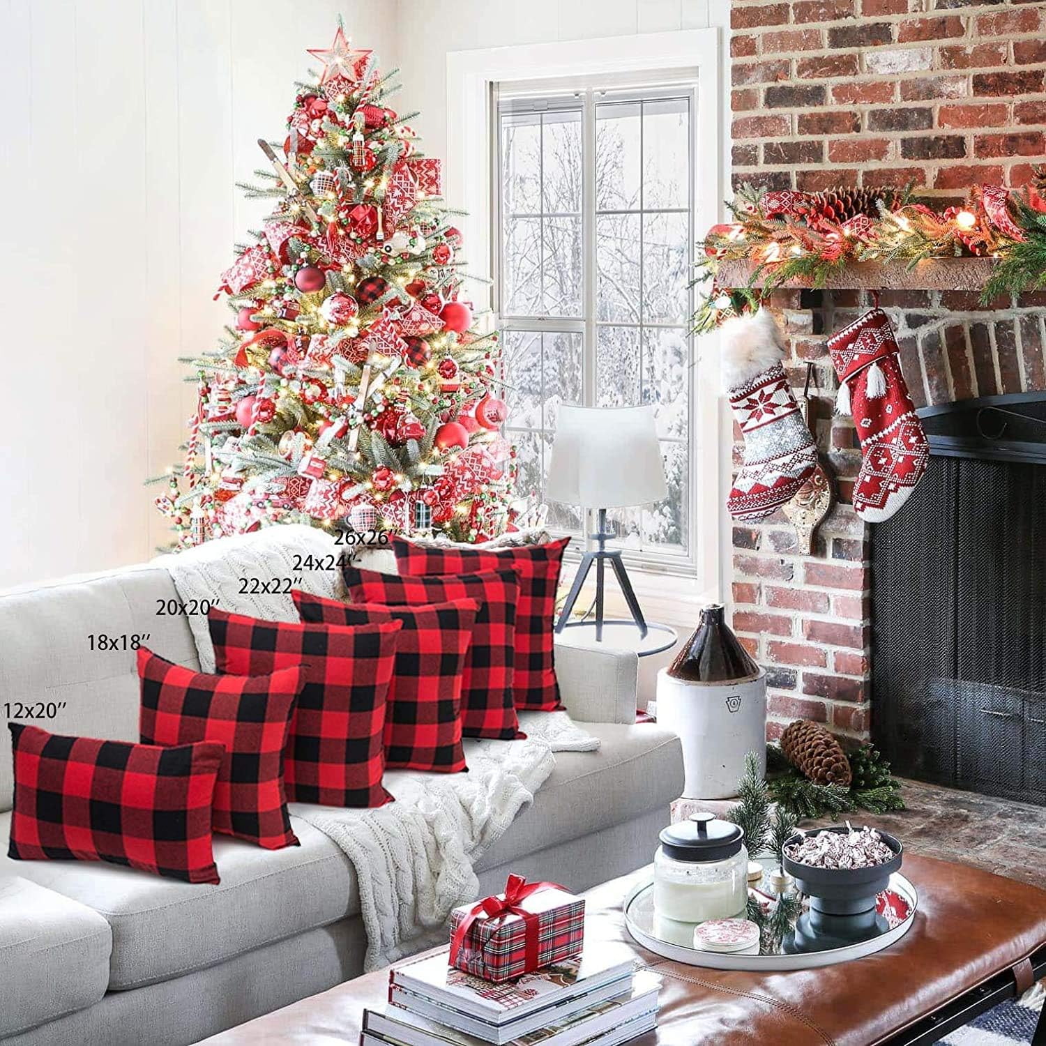 4TH Emotion Set of 2 Christmas Buffalo Check Plaid Throw Pillow Covers Cushion Case Cotton Polyester for Farmhouse Home Decor Red and Black, 18 x 18 Inches: Home & Kitchen