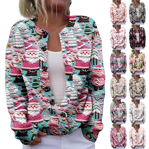 Cosy Jumpers Women, Christmas Cardigans for Women UK, Funny Xmas Tree Print Button Up Jumpers Open Front Warm Comfy Vintage Knitted Sweaters Fall Outfits Women's Fashion Clothing (2-Green, L)