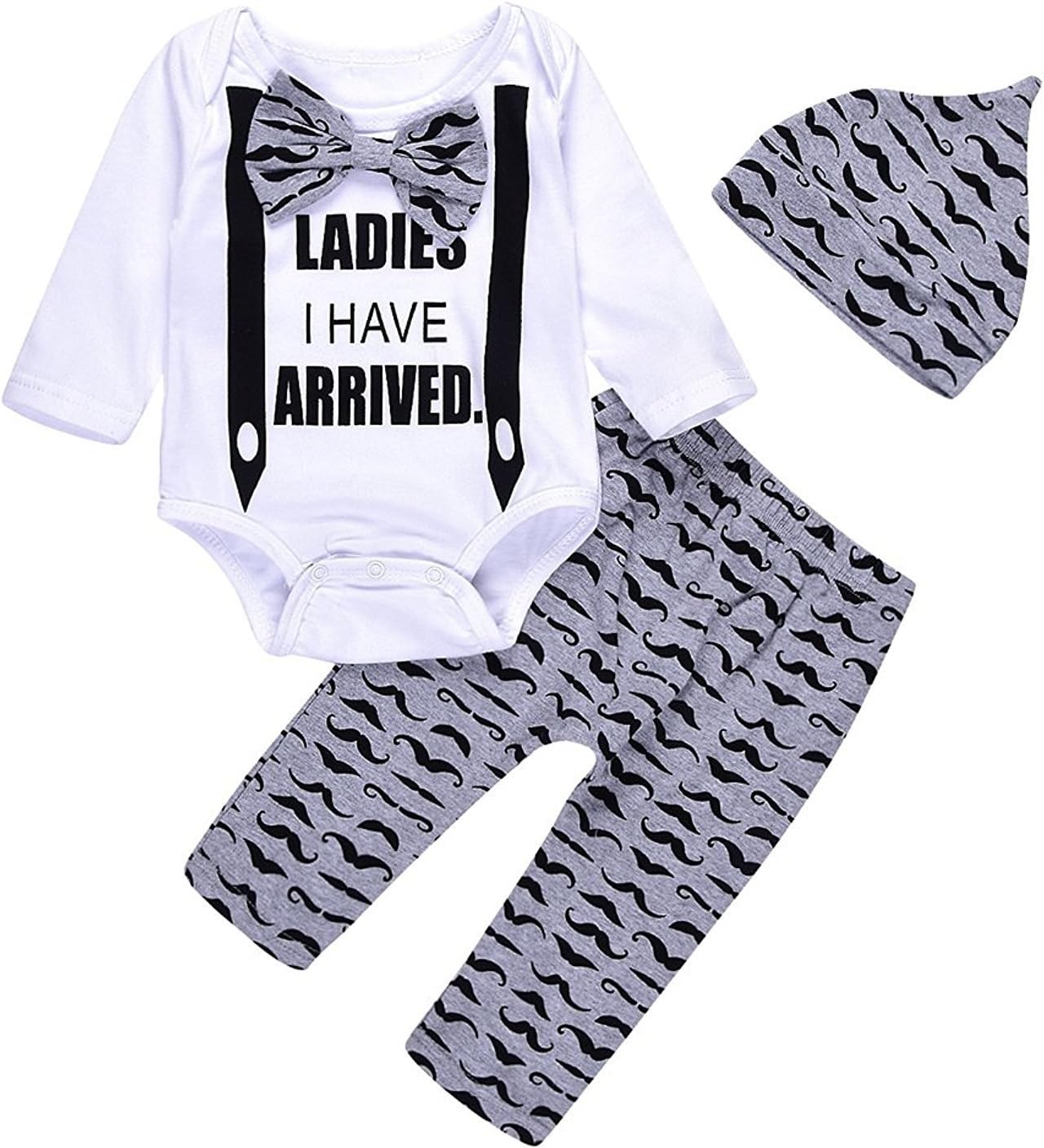 Unmega Baby Boys Long Sleeve Romper Bodysuit + Long Pants + Hat Clothes Outfits Set