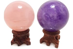 Set of 2 Crystal Balls, Rose Quartz and Amethyst Power Stone Spheres for Crystal Healing, Meditation, Feng Shui, Scrying, Dec