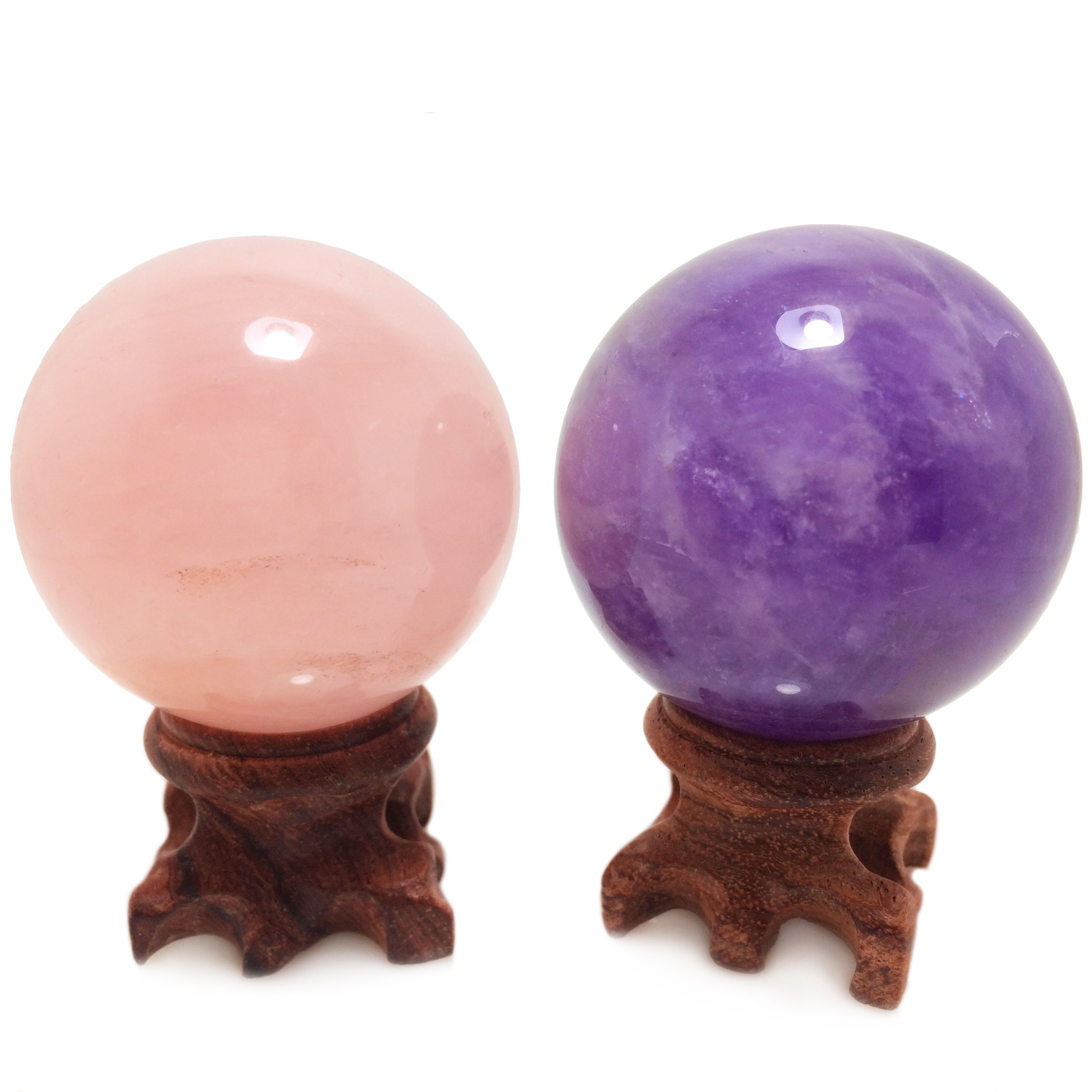 Set of 2 Crystal Balls, Rose Quartz and Amethyst Power Stone Spheres for Crystal Healing, Meditation, Feng Shui, Scrying, Decor, Hand-made