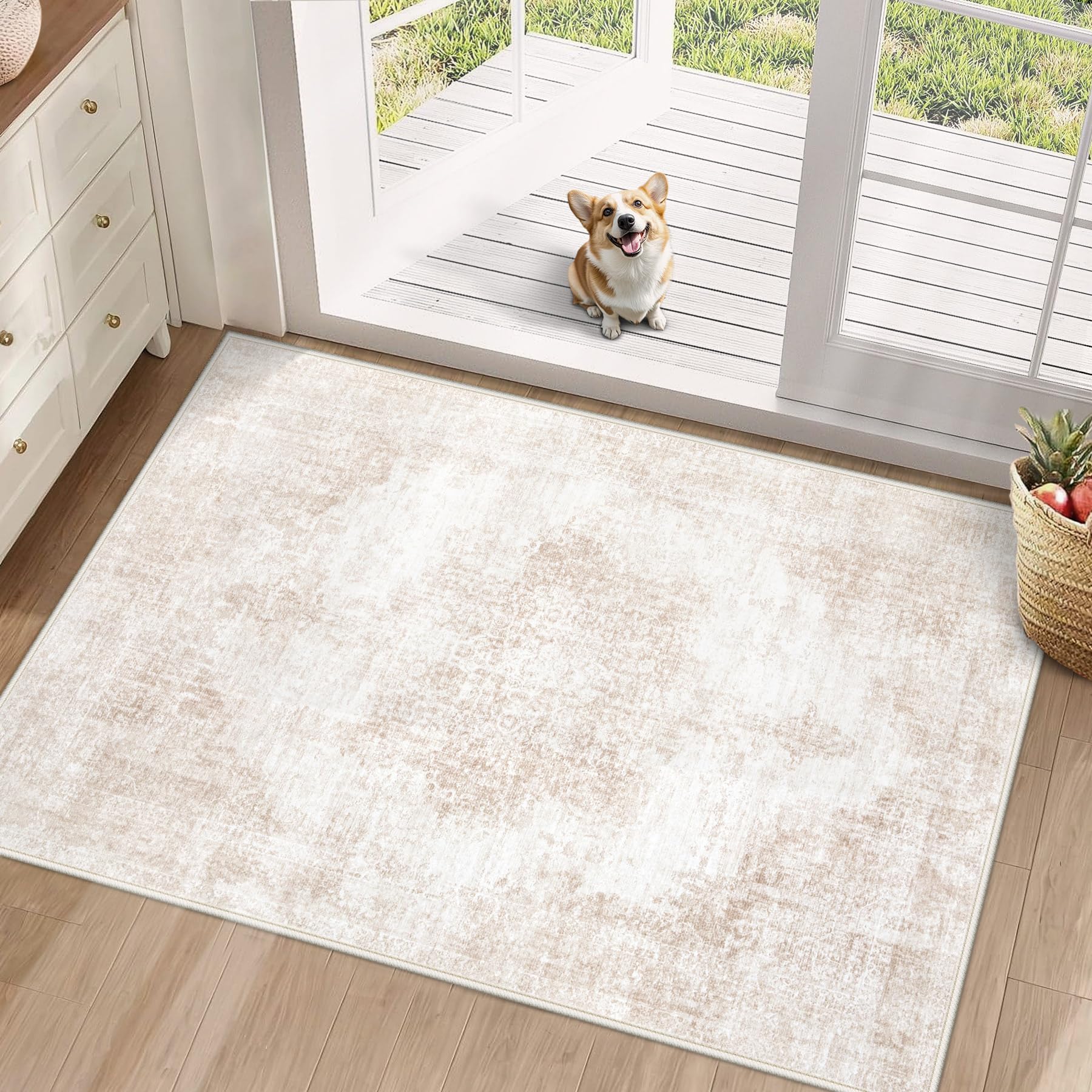 Entryway Rug 2x3 Vintage Area Rug: Washable Retro Medallion Distressed Small Rug Soft Non-Slip Indoor Doormat for Entrance Hallway Bedroom Kitchen Nursery Laundry Room (Beige/Brown, 2'x3')