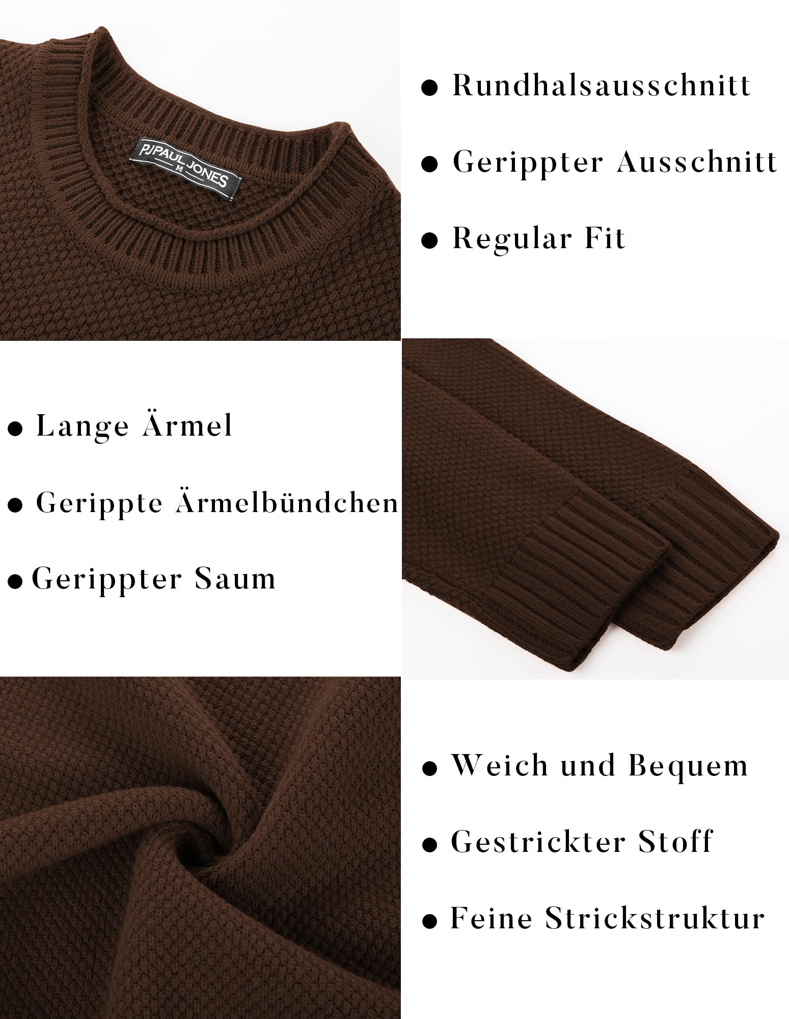 PJ PAUL JONES Herren Feinstrick Pullover Regular Fit Langarm Gerippte Mode Zopfstrickpullover (Dunkelbraun, L) 5