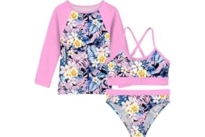 Vogseek 7-13T Girls 3pcs Bikini Swimwear with Long Sleeve Rashguard Shirts Quick Dry Swimsuits UPF 50+ Bathing Suits