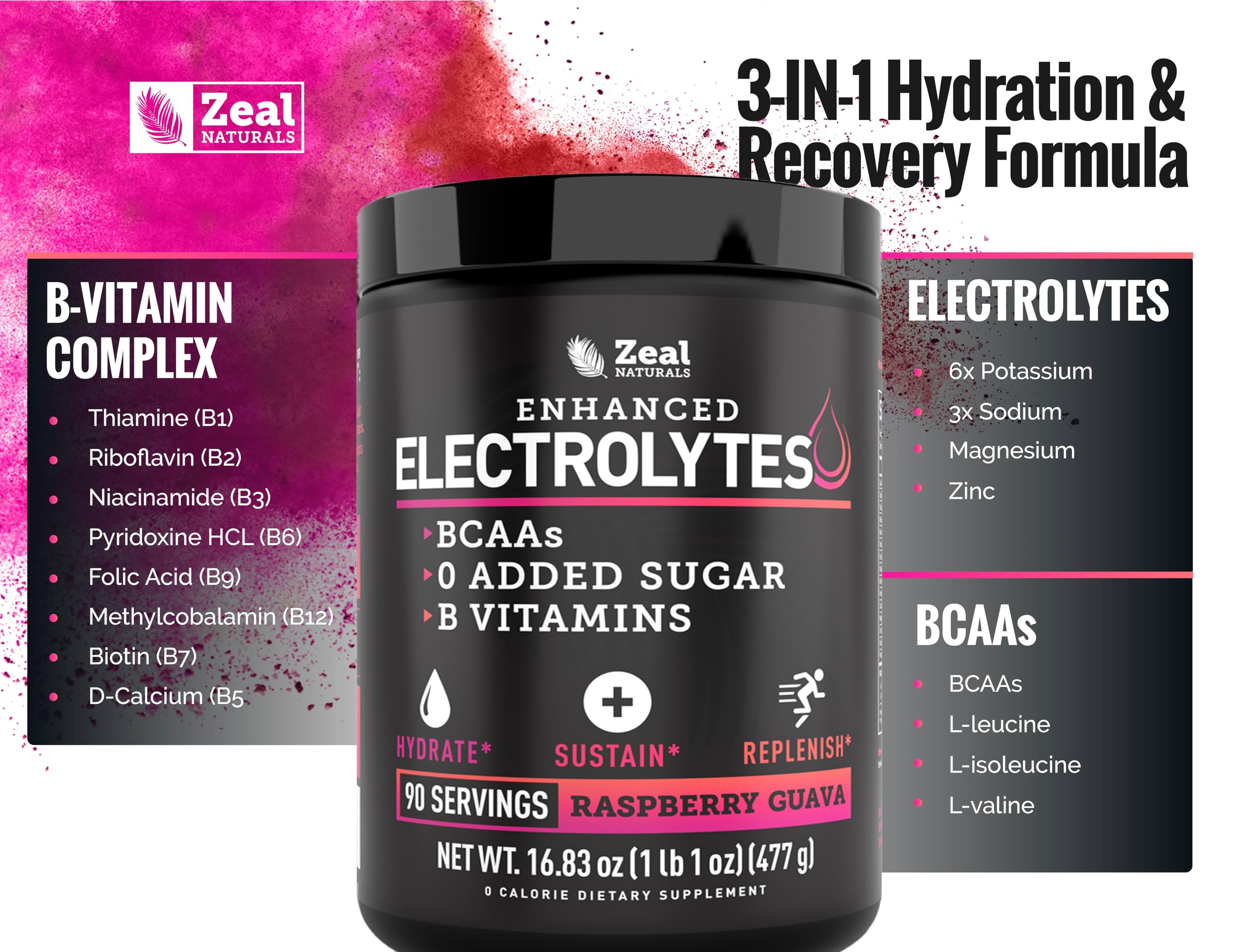 Zeal Naturals Electrolyte Powder Recovery Drink (90 Servings | Raspberry Guava) w/ 0 Sugar +BCAAs +B-Vitamins Electrolyte Supplement w Potassium Zinc & Magnesium for Hydration - Keto Electrolytes