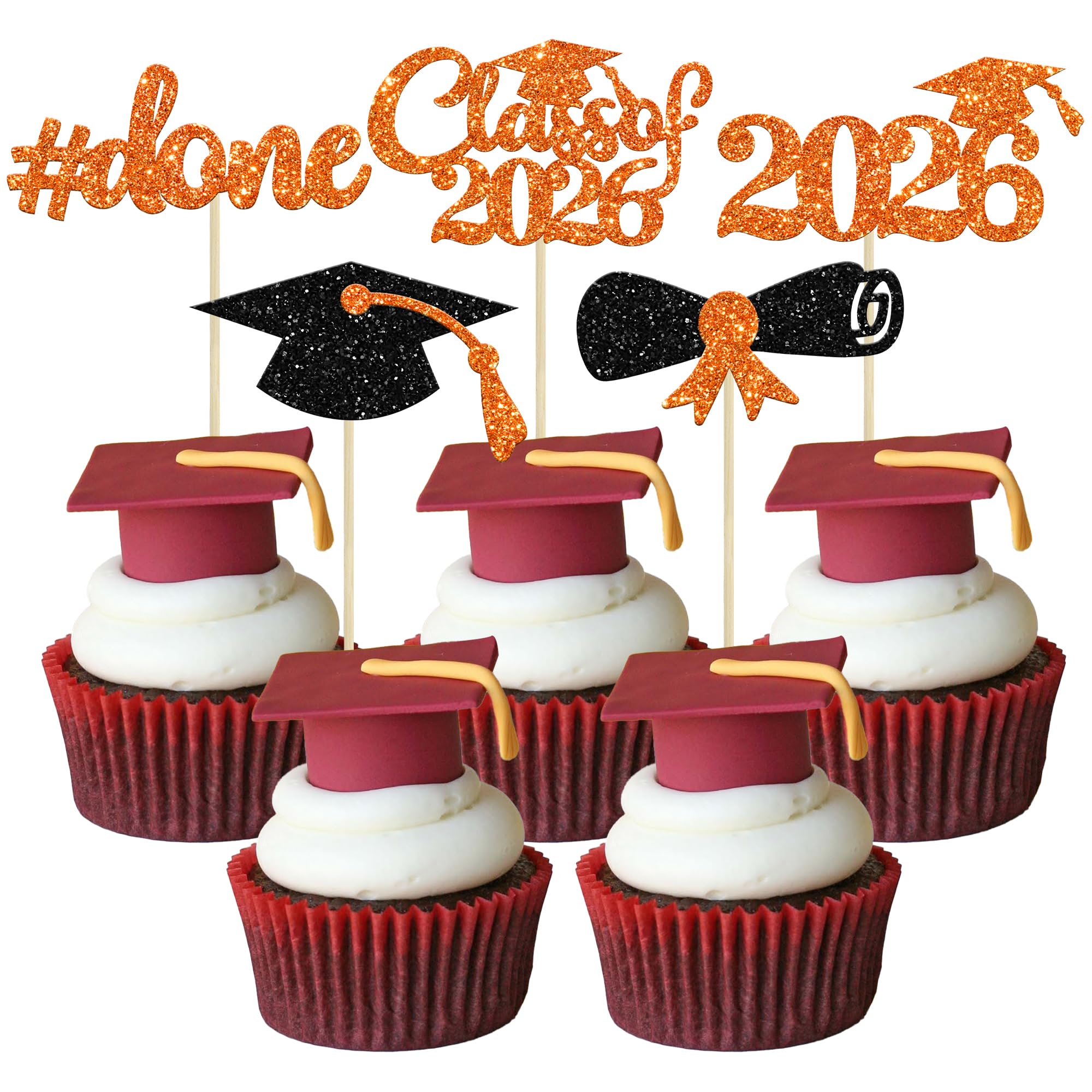 Gyufise 30Pcs 2026 Graduation Cupcake Toppers Orange Glitter Class of 2026 Done Cupcake Picks Grad Cap Diploma Cake Decorations for 2026 Graduation Theme Party Cake Decorations Supplies — image 1