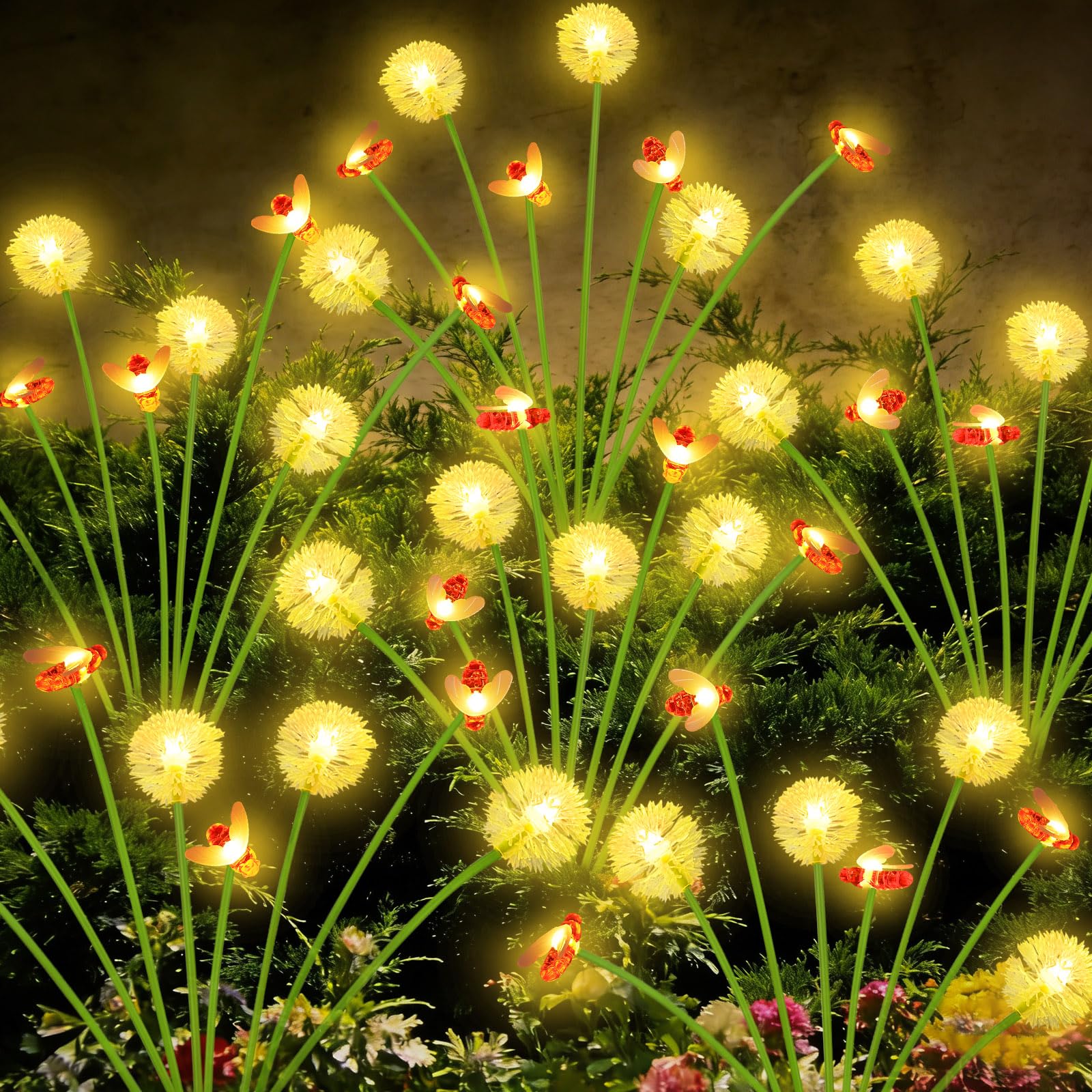 Photo 1 of Solar Garden Lights Outdoor, 6 Pack 48 LED, Solar Swaying Dandelion Bee Lights Waterproof, Swaying Firefly Lights for Yard Pathway Lawn Patio Decorations, 2 modes (Steady on, Slow Twinkle), Warm White