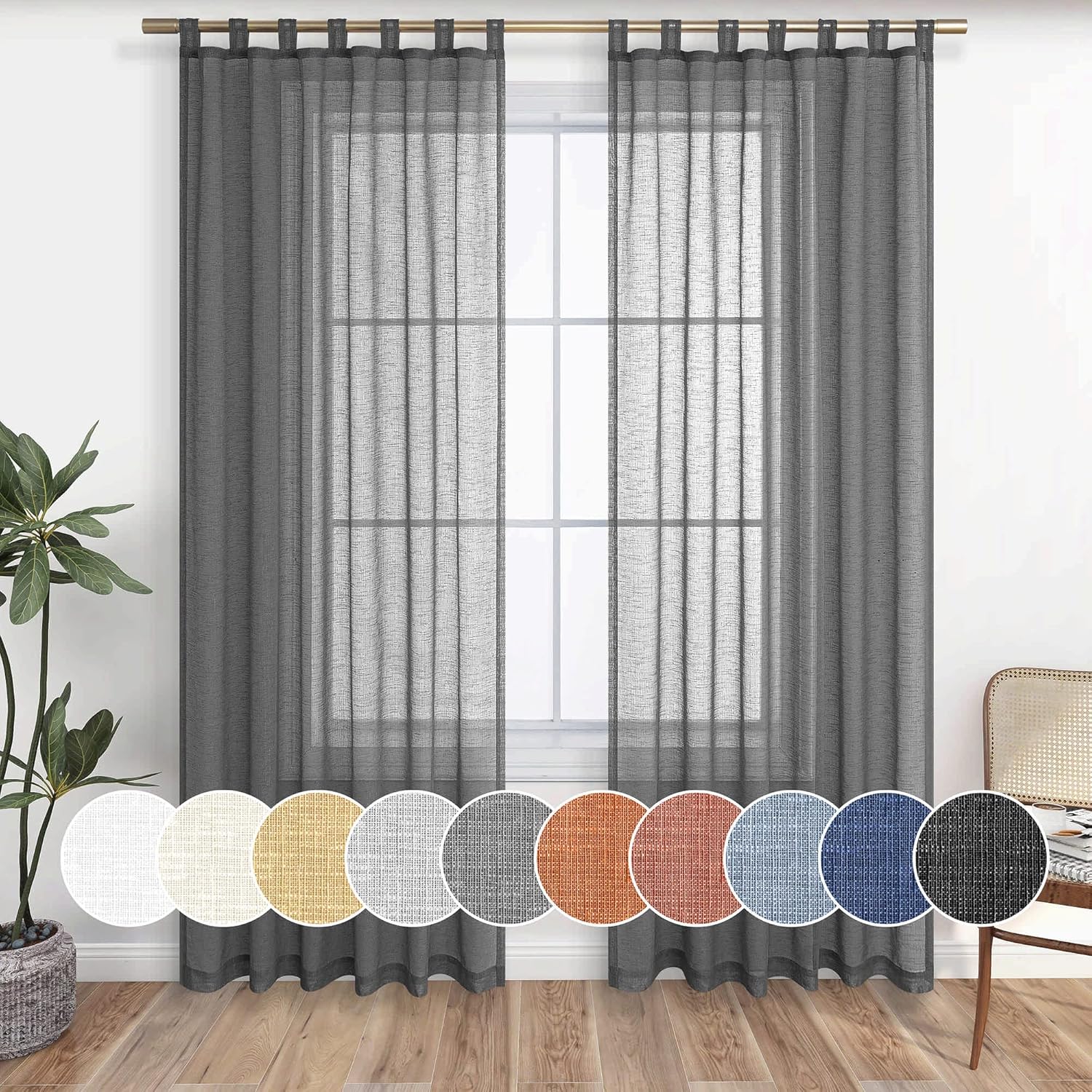 Outdoor Curtains - KOUFALL Dark Gray Curtains 108 Inches Long for Living Room Pair Set Tab Top 9 Ft High Ceiling Villa Windows Drapes Elegant Faux Linen Textured Light Filtering Charcoal Grey Patio Panels 52x108 Long